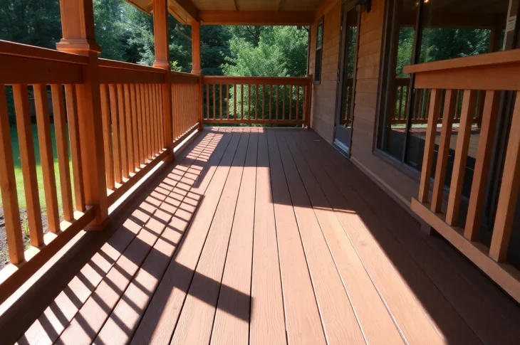 Deck construction showcasing detailed wooden structure with beautiful garden backdrop.