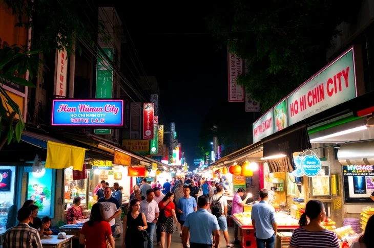 호치민 황제투어 실제 후기 captures the vibrant nightlife of Ho Chi Minh City with locals enjoying street food.