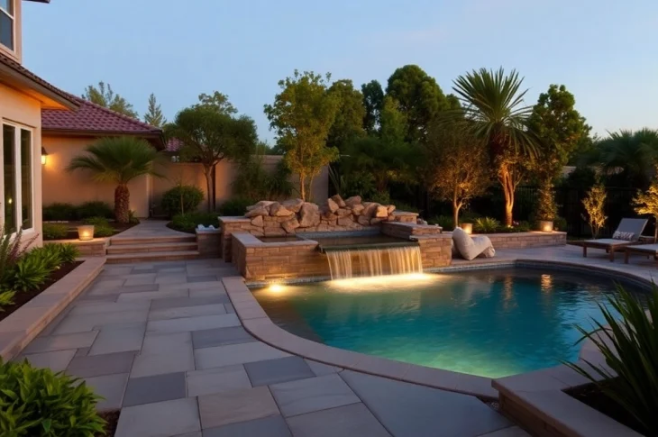 Enhance your outdoor space with stunning Hardscapes & Pools featuring elegant natural stone and a serene setting.