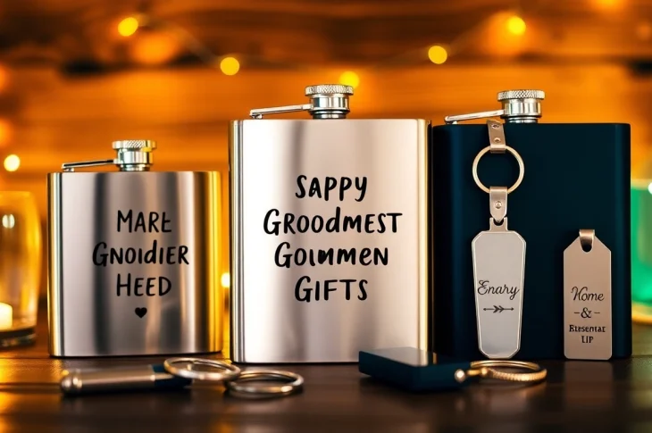 Discover unique cheap groomsmen gifts like personalized flasks and keychains on display.