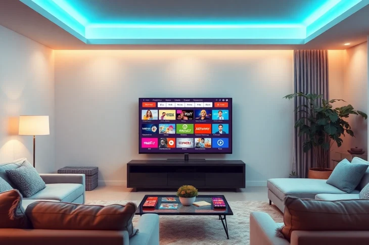 Experience diverse IPTV channels with an abonnement iptv displayed on a sleek TV in a cozy living room setting.