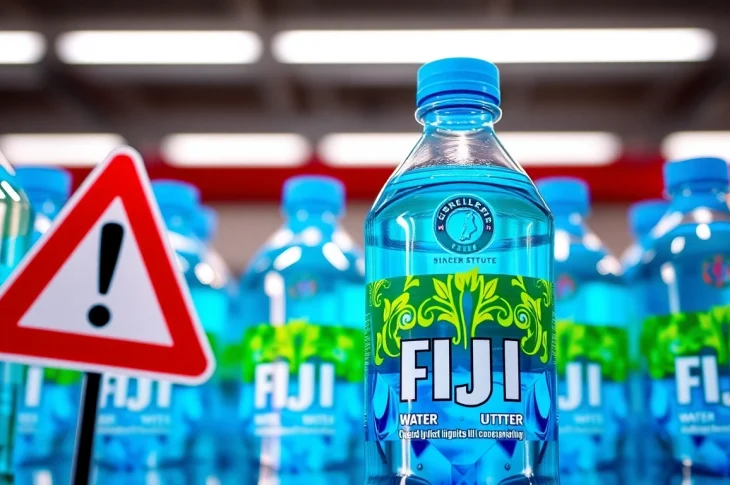 Fiji water recall 2024 warning sign displayed beside Fiji water bottles for consumer awareness.