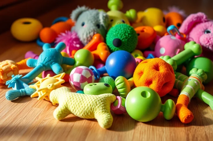 Interactive pet toys featuring bright colors and various textures for dogs' playtime.