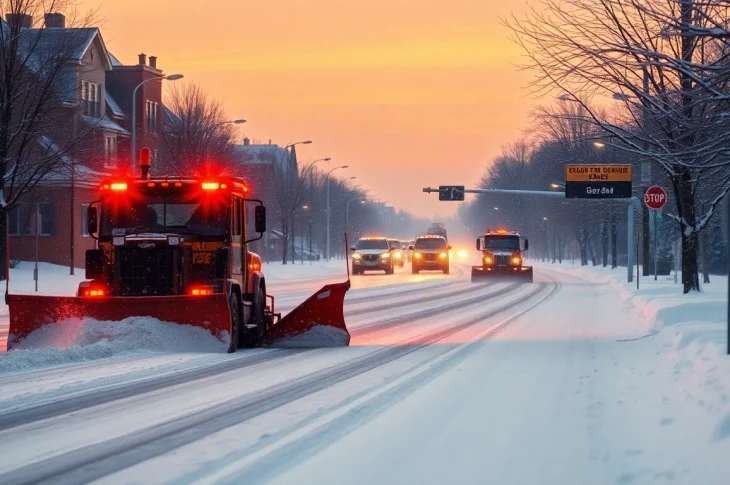 Snow plowing action of clearing a street with heavy snowfall, showcasing effective snow removal.