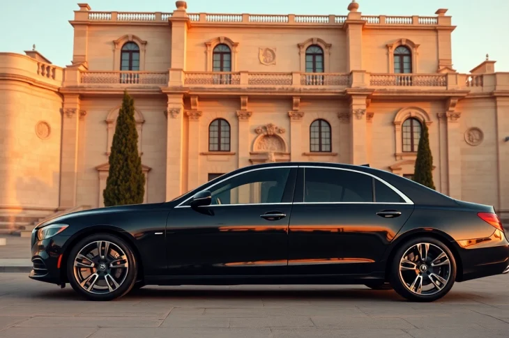 Luxury hire chauffeur Malta presents a black sedan against Maltese architecture, embodying elegance.