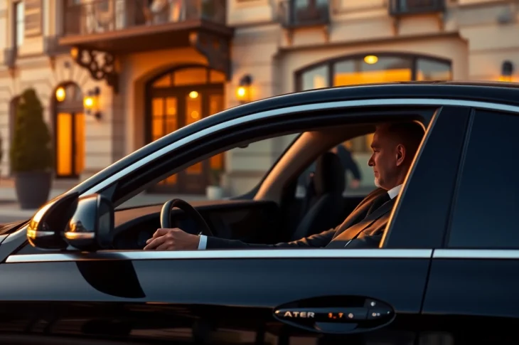 Professional driver hire Krakow with an elegant chauffeur standing outside a luxury hotel ready to assist.