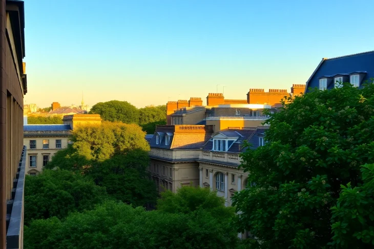 Stunning Bloomsbury architecture bathed in warm golden light with lush greenery surrounding.