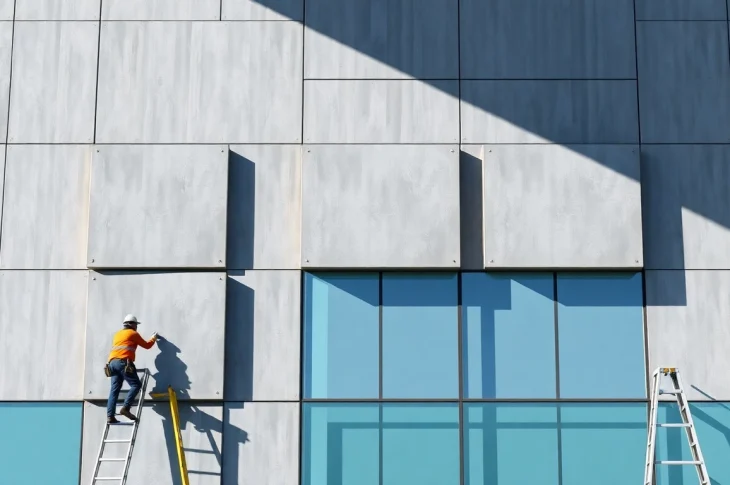 Workers engaged in Facade Installation of a modern building showcasing vibrant materials and panel techniques.