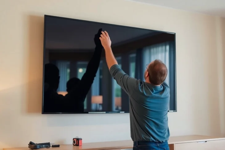 Professional TV mounting installation service showcasing a technician securely mounting a large screen TV.