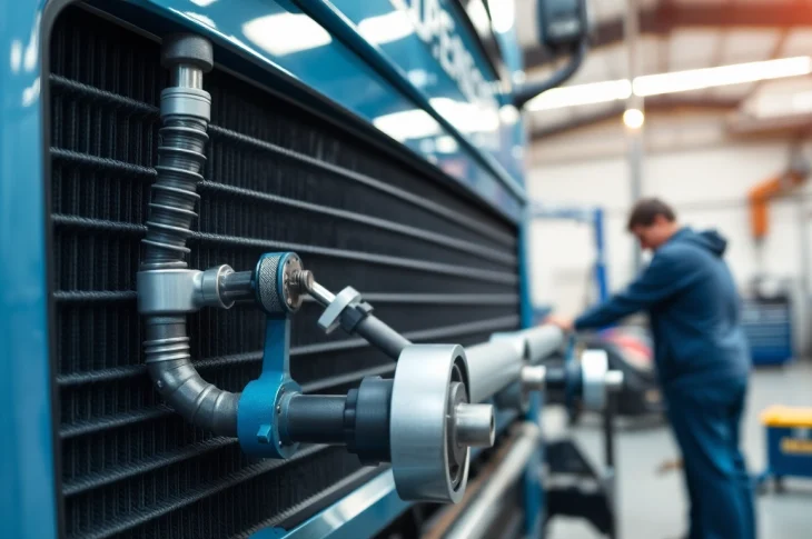 Professional technicians performing radiator and air conditioning repair for trucks in a workshop.