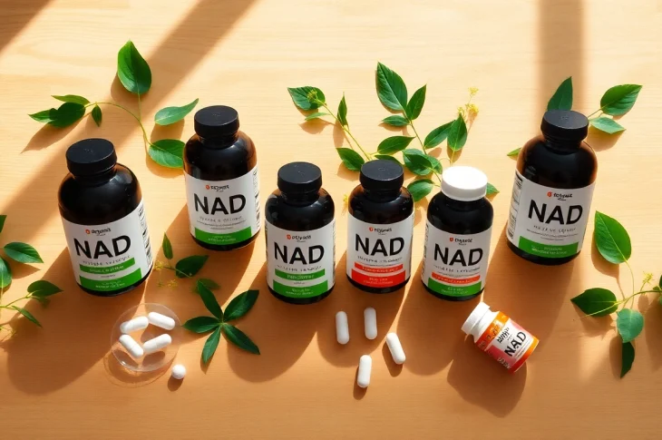 Boost your wellness with NAD supplements shown in a detailed flat lay design focusing on health.