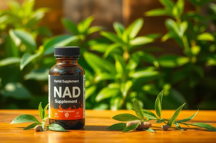 Natural NAD Supplement bottle beside fresh herbs for a vibrant health boost.