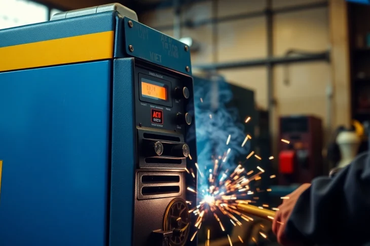 Welder using an ac dc tig welder to create precise metal joints in a workshop setting.