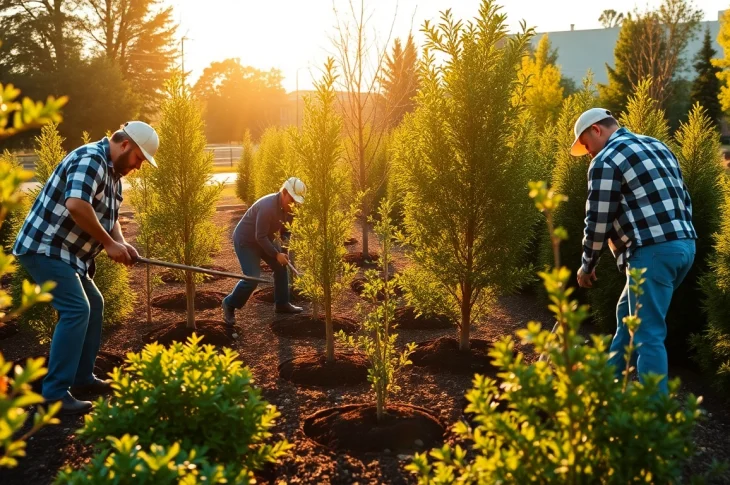 Commercial landscaping contractors planting vibrant trees and shrubs in a sunny outdoor space.