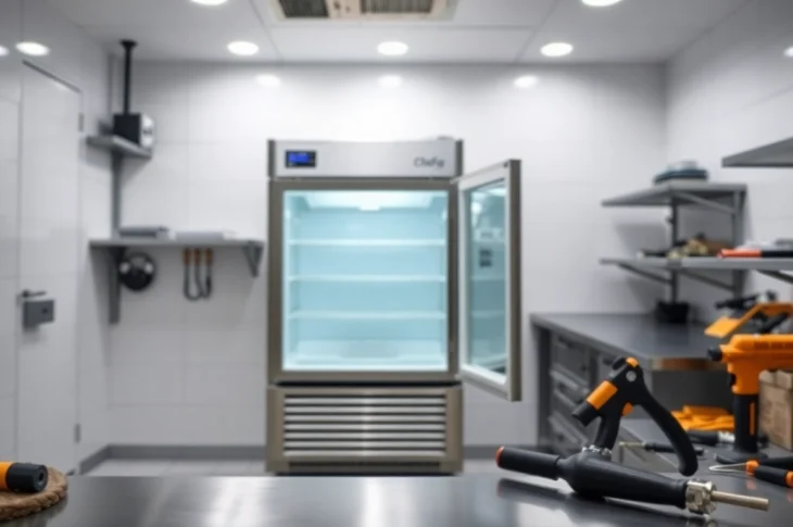 Repairing a chef base refrigerator with tools in a bright commercial kitchen setting.