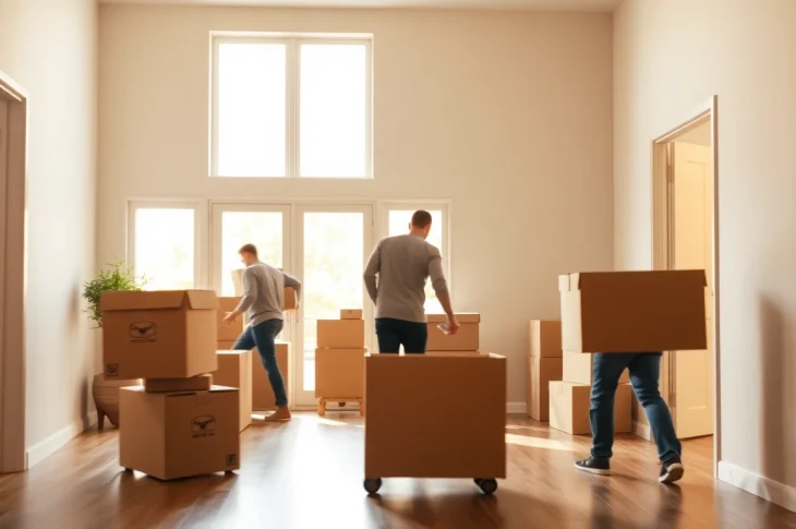 Movers handling home removals Keighley, carefully packing and organizing furniture inside a modern home.