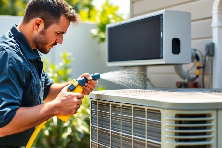 Cleaning air conditioner condenser coils effectively with a technician using a hose in a bright setting.