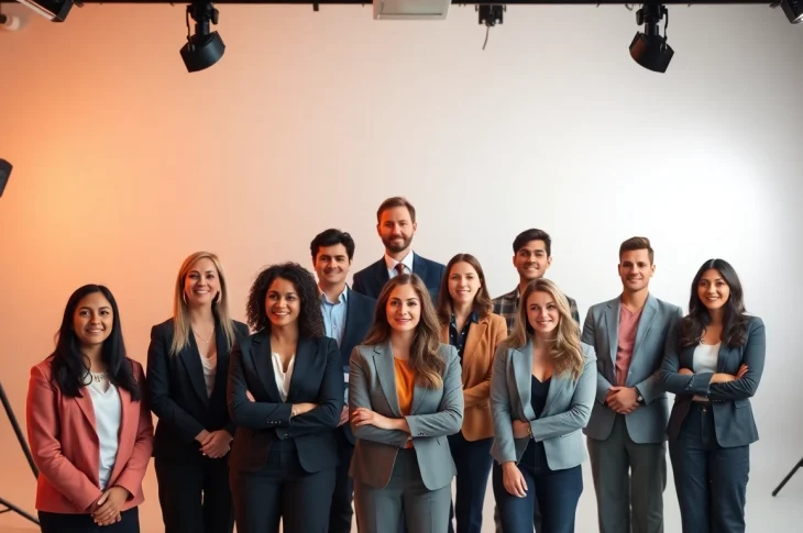 Professionals posing for company headshots in a modern studio setting