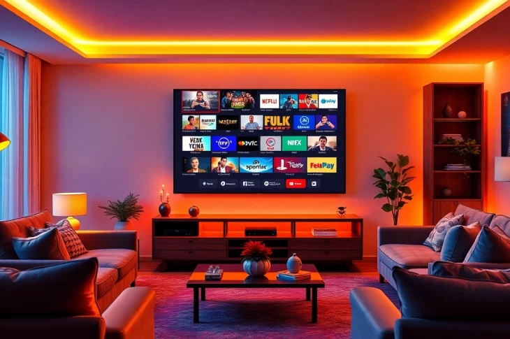 Engage in an iptv trial showcasing diverse channels in a cozy living room setting with a large TV.