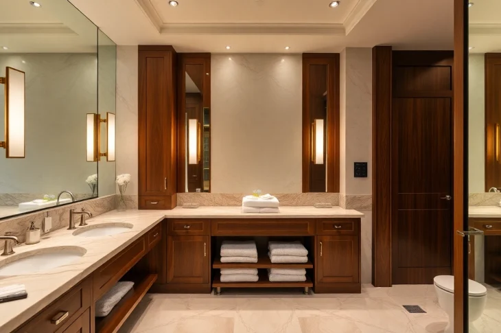 Stylish hotel bathroom vanity with marble top and elegant cabinetry.