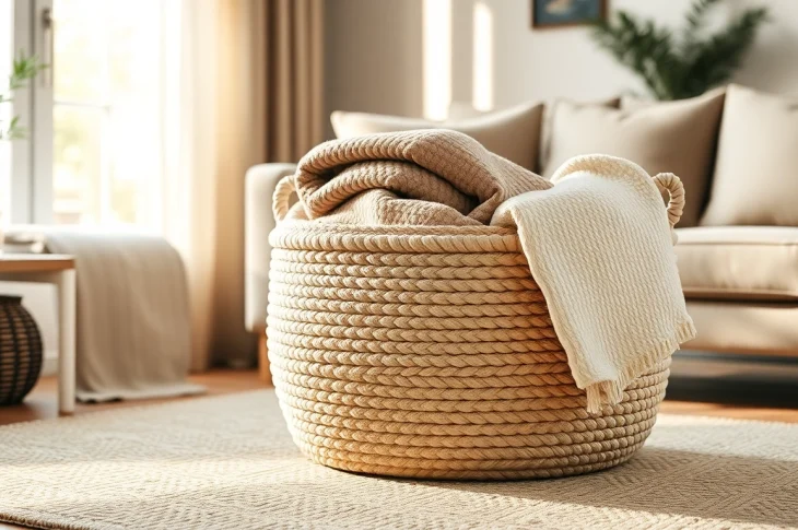 Organize your space with a cotton rope storage basket filled with cozy blankets, showcasing its texture and design.