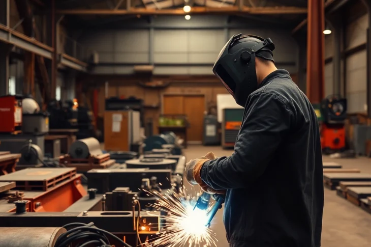 Welding with an AC DC TIG welder showcasing precision and skill within an industrial setting.