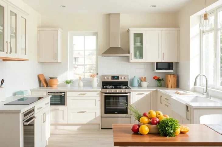 Showcase affordable kitchen appliances in a modern kitchen setting with stylish decor.