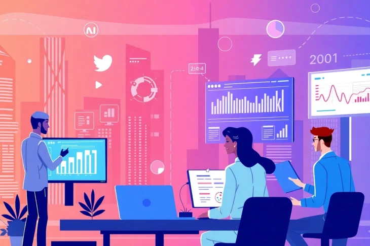 Visual of AI marketing agents enhancing collaboration and data analysis in a vibrant digital landscape.