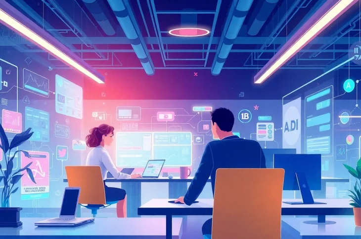 AI marketing agents assisting in real-time marketing strategies with high-tech interfaces and collaboration.